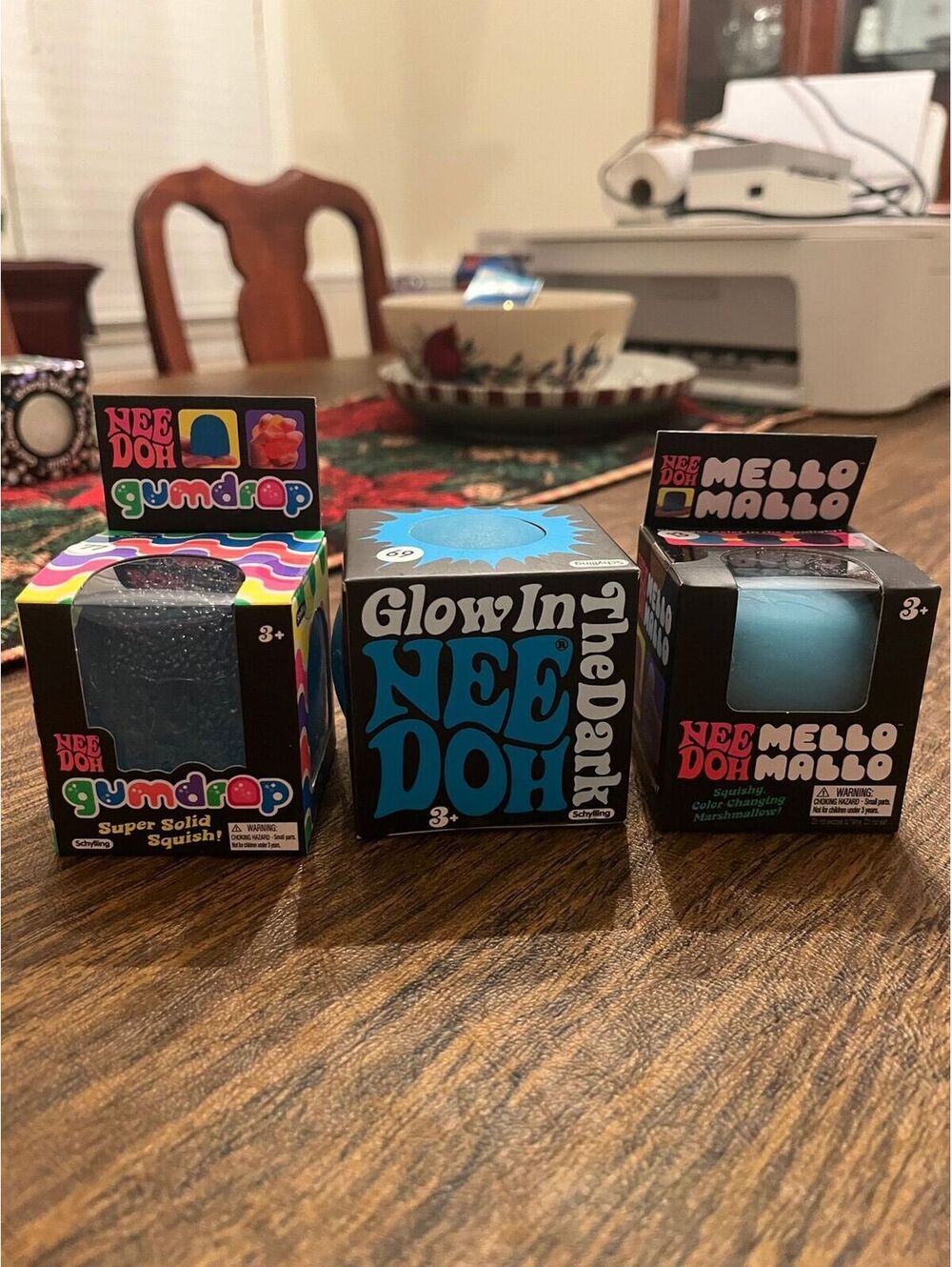 Authentic NeeDoh Blue Bundle 3Pack Glitter Gumdrop Glow in the Dark& Mello Mallo